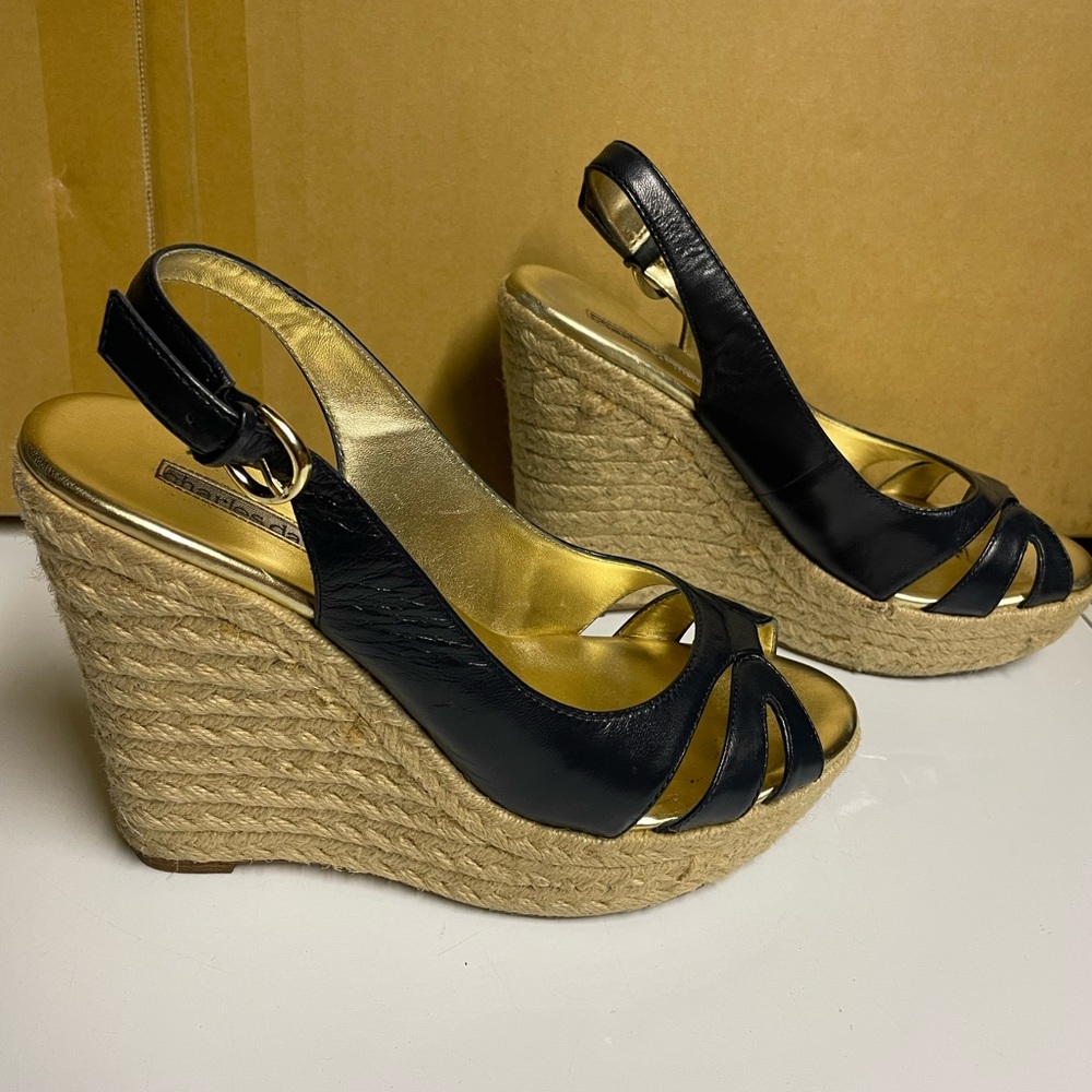 Navy leather Charles David platform espadrilles size 8